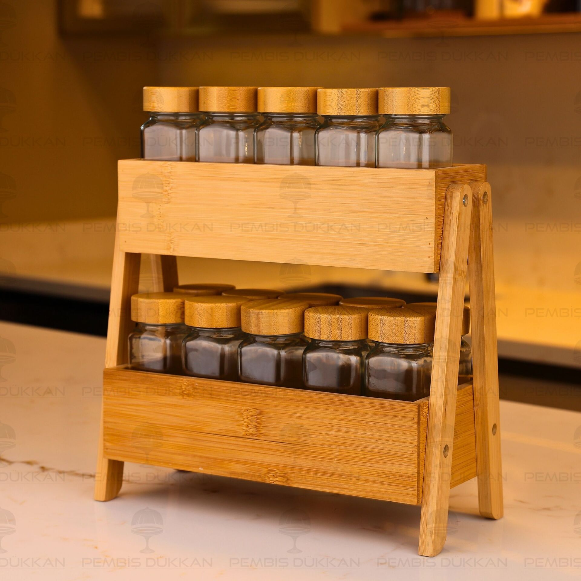 BAMBU 2 KATLI STAND, 15Lİ BAMBU BAHARATLIK TEZGAH ÜSTÜ KOMBİN SET (7B52-7119008)
