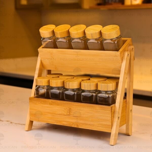 BAMBU 2 KATLI STAND, 15Lİ BAMBU BAHARATLIK TEZGAH ÜSTÜ KOMBİN SET (7B52-7119008)