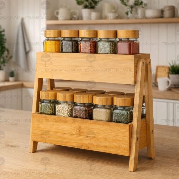 BAMBU 2 KATLI STAND, 15Lİ BAMBU BAHARATLIK TEZGAH ÜSTÜ KOMBİN SET (7B52-7119008)