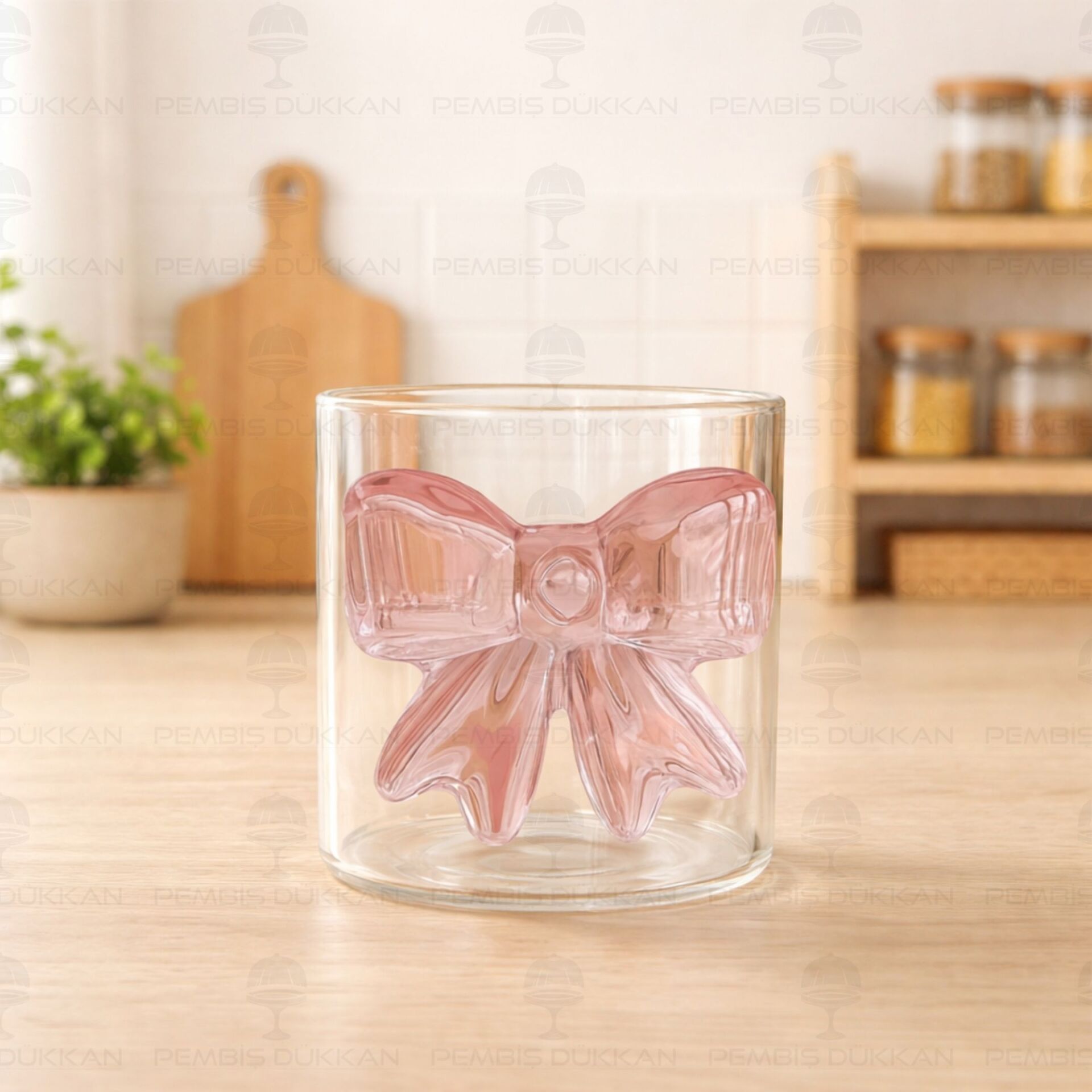 KULPSUZ PEMBE FİYONKLU, PİNTEREST CAM BARDAK & KUPA (1J47)