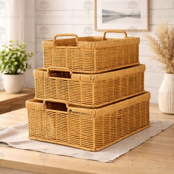 3LÜ DİKDÖRTGEN KULPLU RATTAN SEPET (6064)