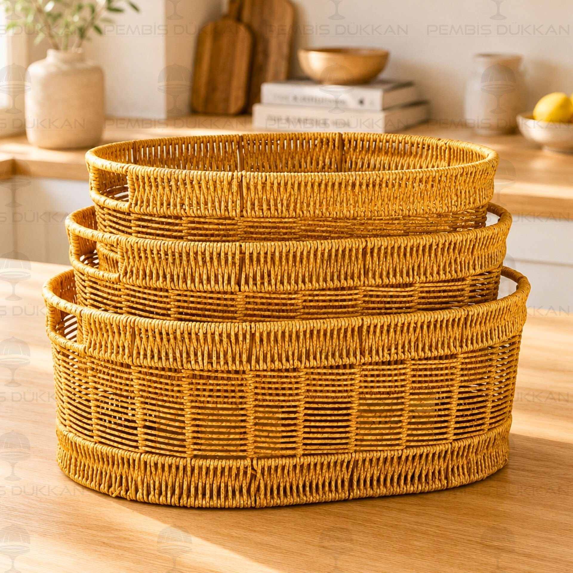3LÜ OVAL KULPLU RATTAN SEPET (6066)