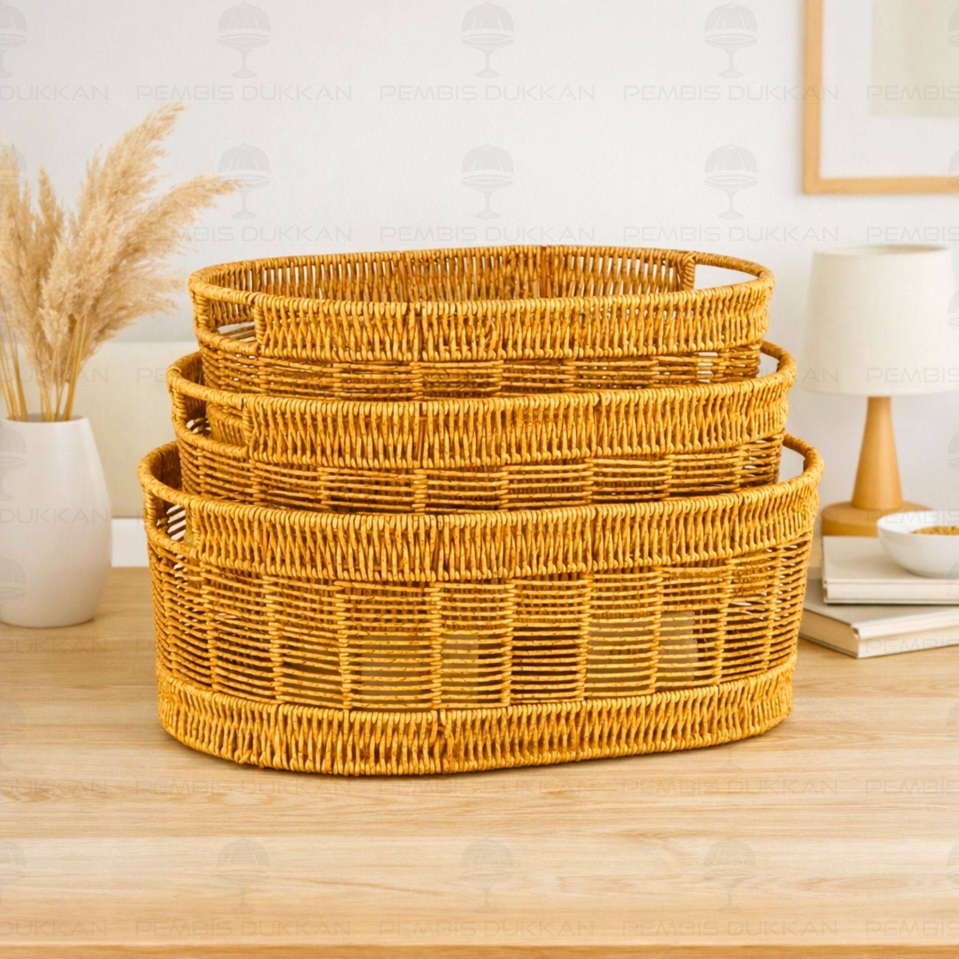 3LÜ OVAL KULPLU RATTAN SEPET (6066)