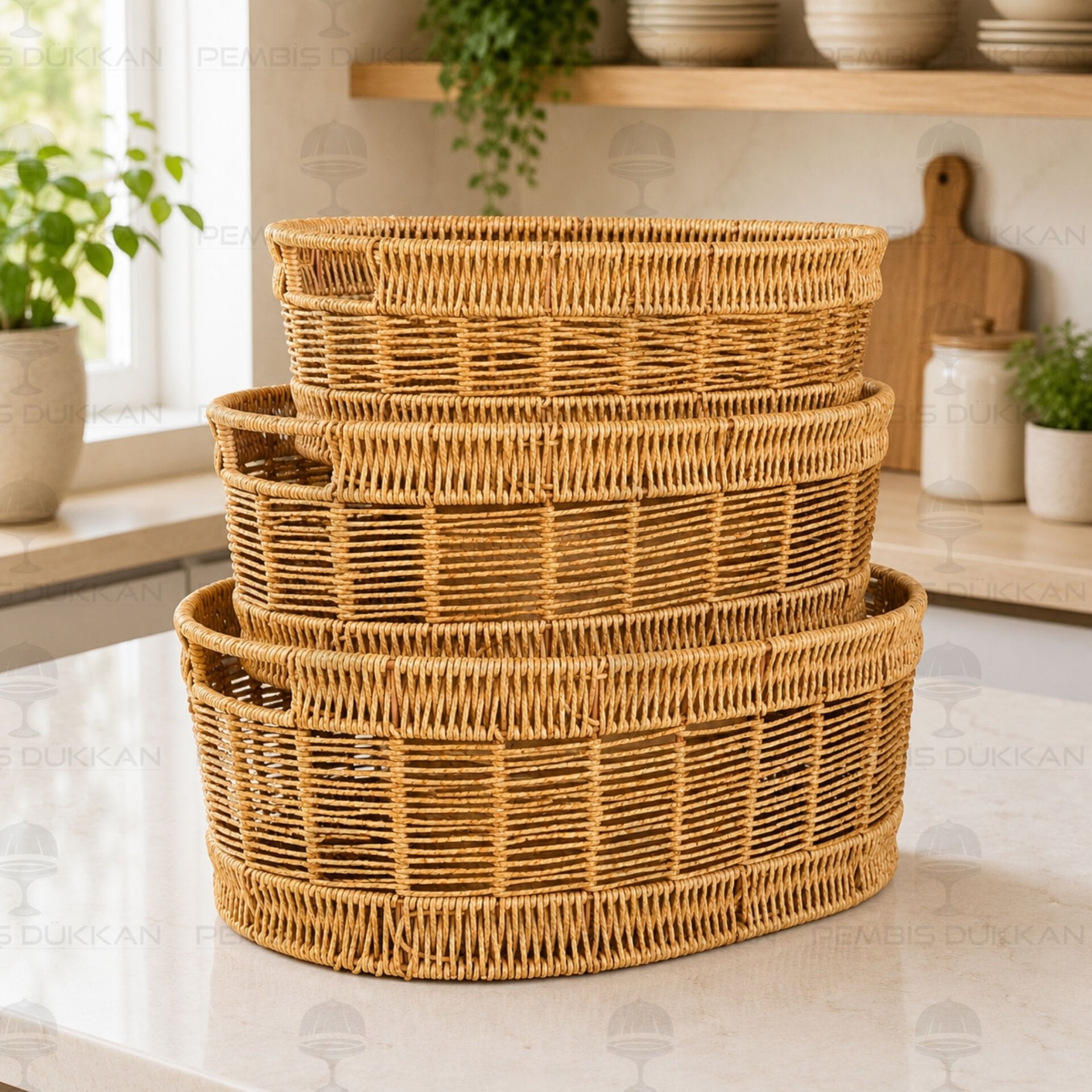 3LÜ OVAL KULPLU RATTAN SEPET (6066)