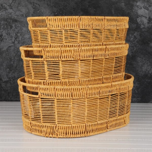 3LÜ OVAL KULPLU RATTAN SEPET (6066)