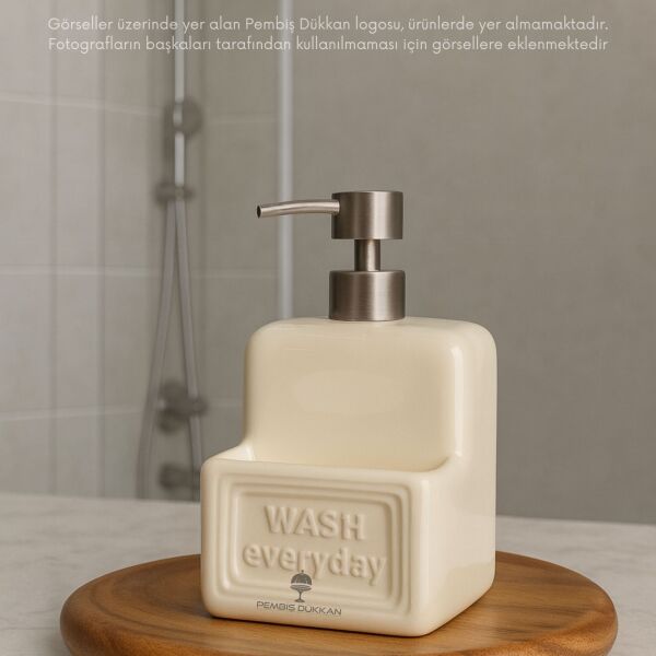 KREM BOHEM SÜNGERLİK HAZNELİ, SERAMİK SIVI SABUNLUK (6F04)
