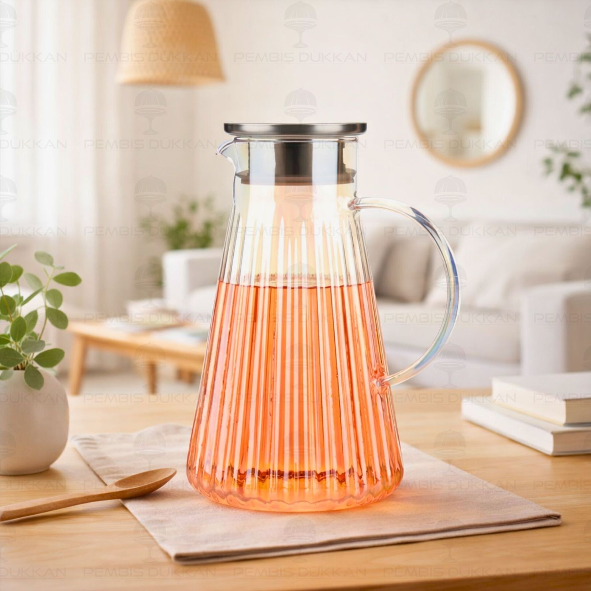 1800ML PİRAMİS ÇİZGİLİ, METAL KAPAKLI LÜSTERLİ BOROSİLİKAT CAM SÜRAHİ (1J22)