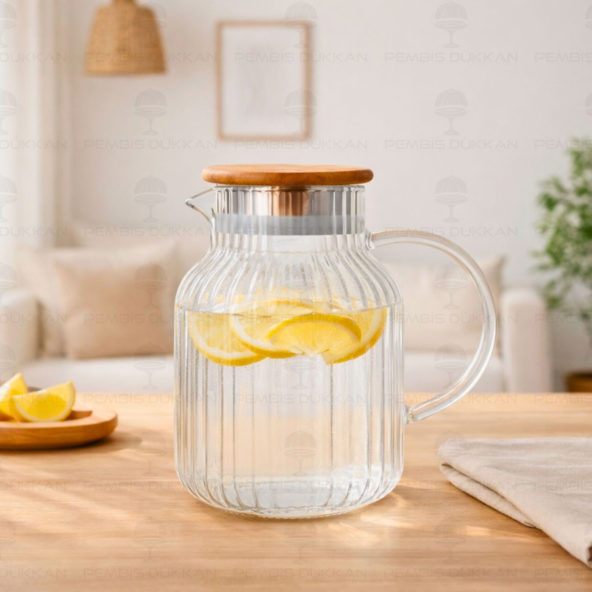 1500ML PİNO ÇİZGİLİ, AKASYA KAPAKLI BOROSİLİKAT CAM SÜRAHİ (1J05)