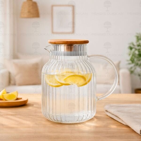 1500ML PİNO ÇİZGİLİ, AKASYA KAPAKLI BOROSİLİKAT CAM SÜRAHİ (1J05)