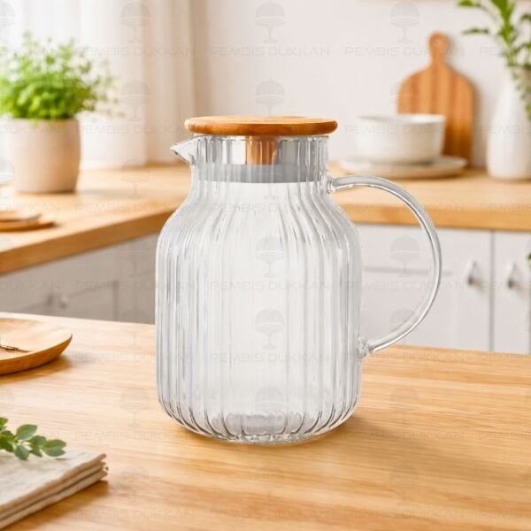 1500ML PİNO ÇİZGİLİ, AKASYA KAPAKLI BOROSİLİKAT CAM SÜRAHİ (1J05)