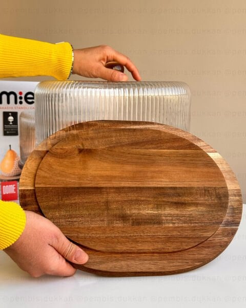 OVAL ÇİZGİLİ AYAKLI AKASYA STANDLI, CAM PASTA & KEK FANUSU (240044)