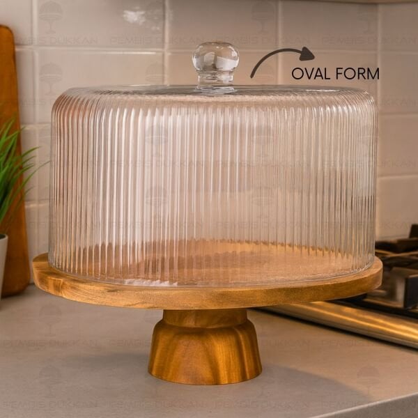 OVAL ÇİZGİLİ AYAKLI AKASYA STANDLI, CAM PASTA & KEK FANUSU (240044)