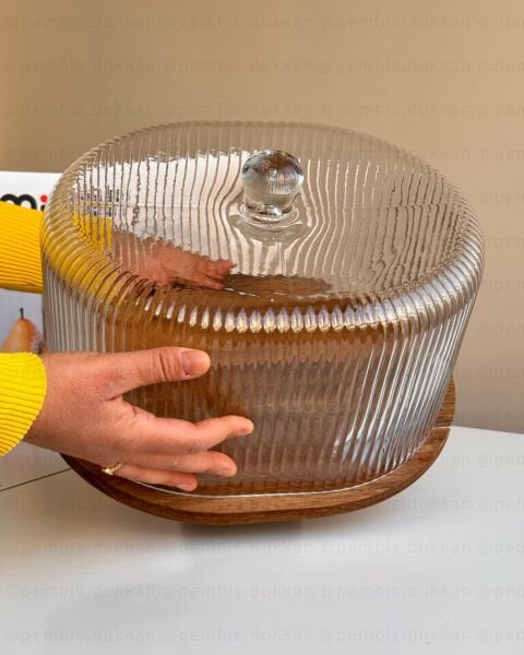 OVAL ÇİZGİLİ AYAKLI AKASYA STANDLI, CAM PASTA & KEK FANUSU (240044)