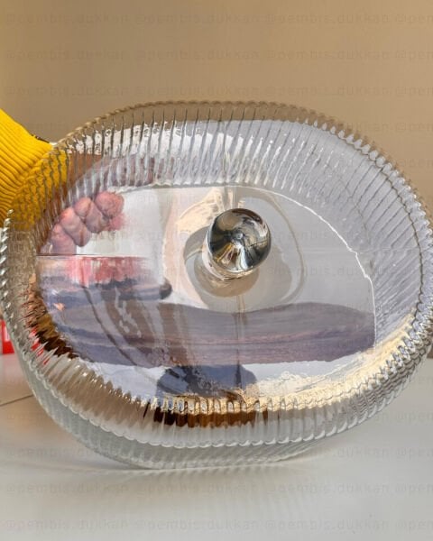 OVAL ÇİZGİLİ AYAKLI AKASYA STANDLI, CAM PASTA & KEK FANUSU (240044)