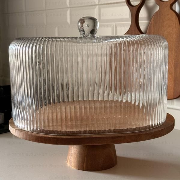 OVAL ÇİZGİLİ AYAKLI AKASYA STANDLI, CAM PASTA & KEK FANUSU (240044)