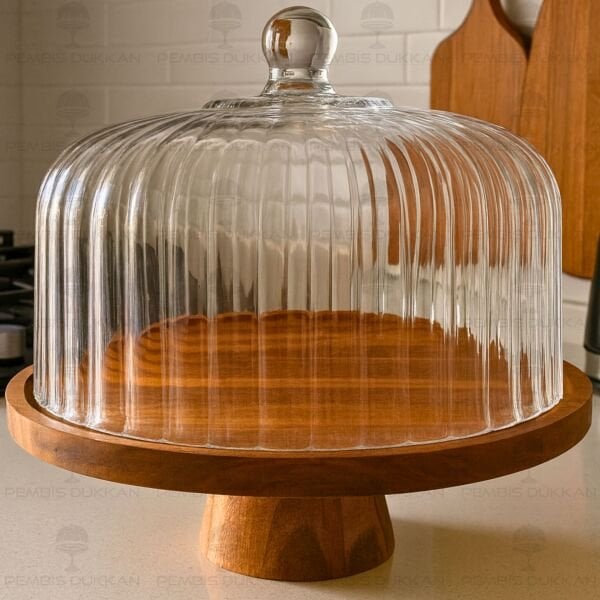 BALERİN ÇİZGİLİ AYAKLI AKASYA STANDLI, CAM PASTA & KEK FANUSU (230119)