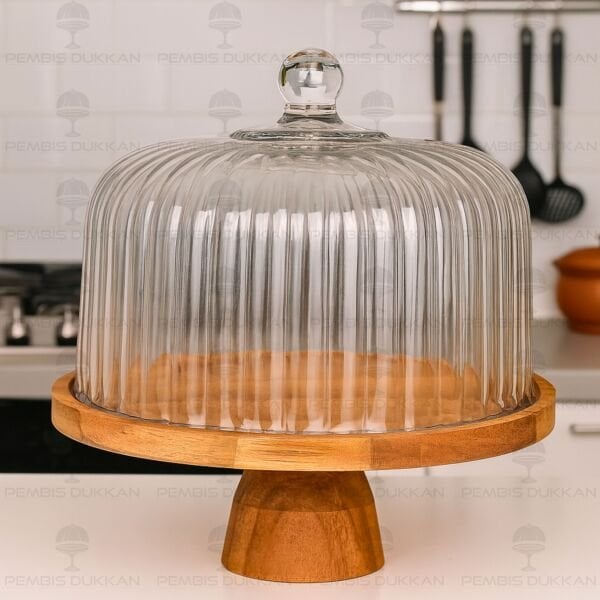 BALERİN ÇİZGİLİ AYAKLI AKASYA STANDLI, CAM PASTA & KEK FANUSU (230119)