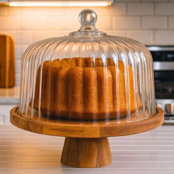 BALERİN ÇİZGİLİ AYAKLI AKASYA STANDLI, CAM PASTA & KEK FANUSU (230119)