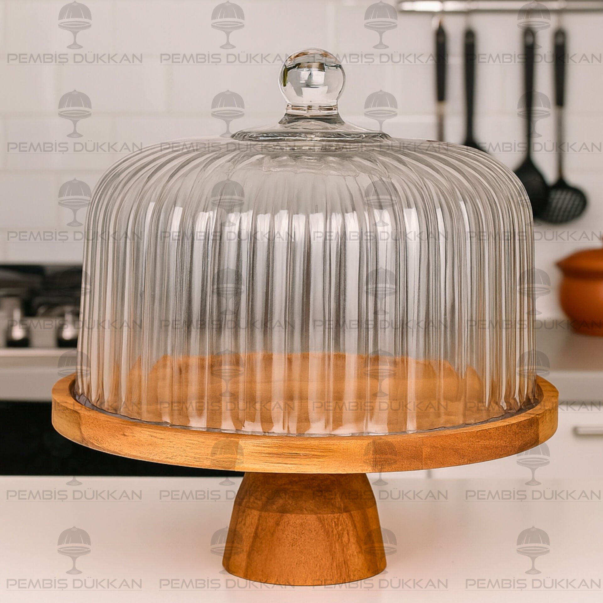 BALERİN ÇİZGİLİ AYAKLI AKASYA STANDLI, CAM PASTA & KEK FANUSU (230119)