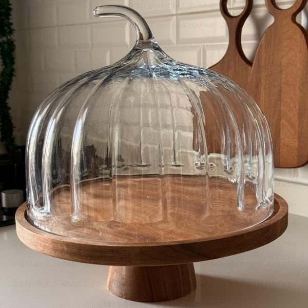 BÜYÜK BAL KABAĞI, AYAKLI AKASYA STANDLI, CAM PASTA & KEK FANUSU (230125-2)