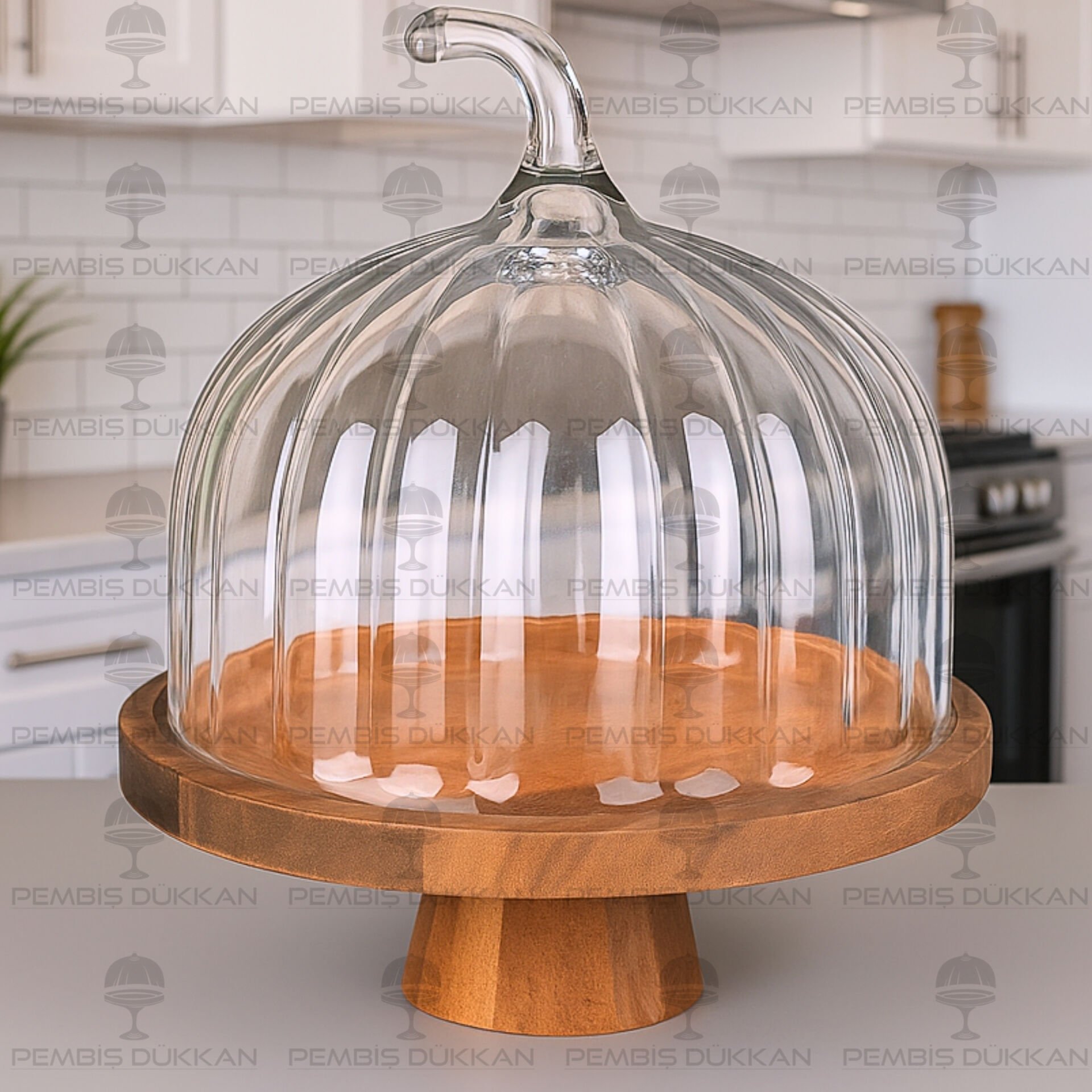 BÜYÜK BAL KABAĞI, AYAKLI AKASYA STANDLI, CAM PASTA & KEK FANUSU (230125-2)