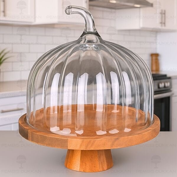 BÜYÜK BAL KABAĞI, AYAKLI AKASYA STANDLI, CAM PASTA & KEK FANUSU (230125-2)