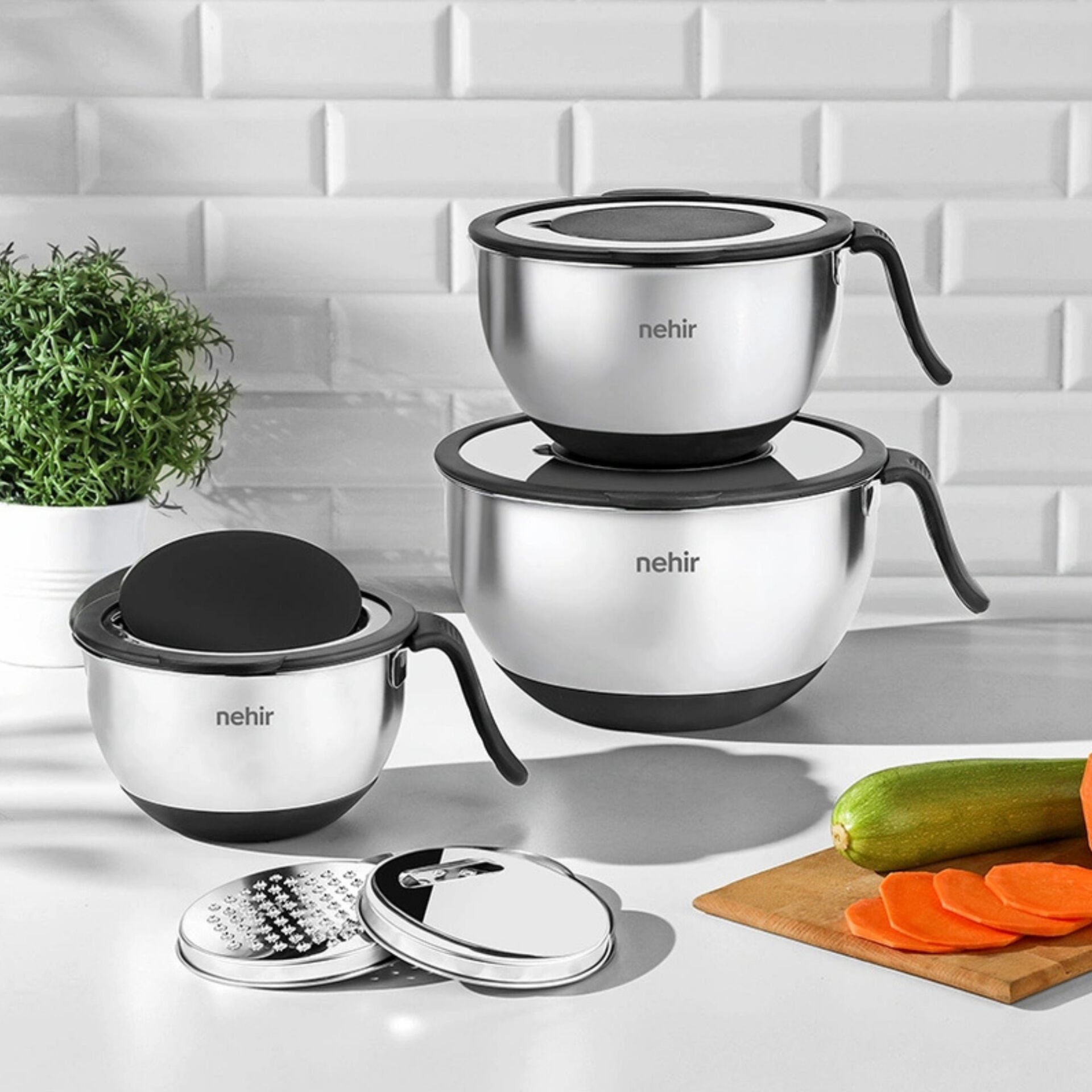 TOKYO SATEN 16-20-24CM KAPAKLI, RENDELİ 12Lİ ÇELİK KARIŞTIRMA KABI SETİ