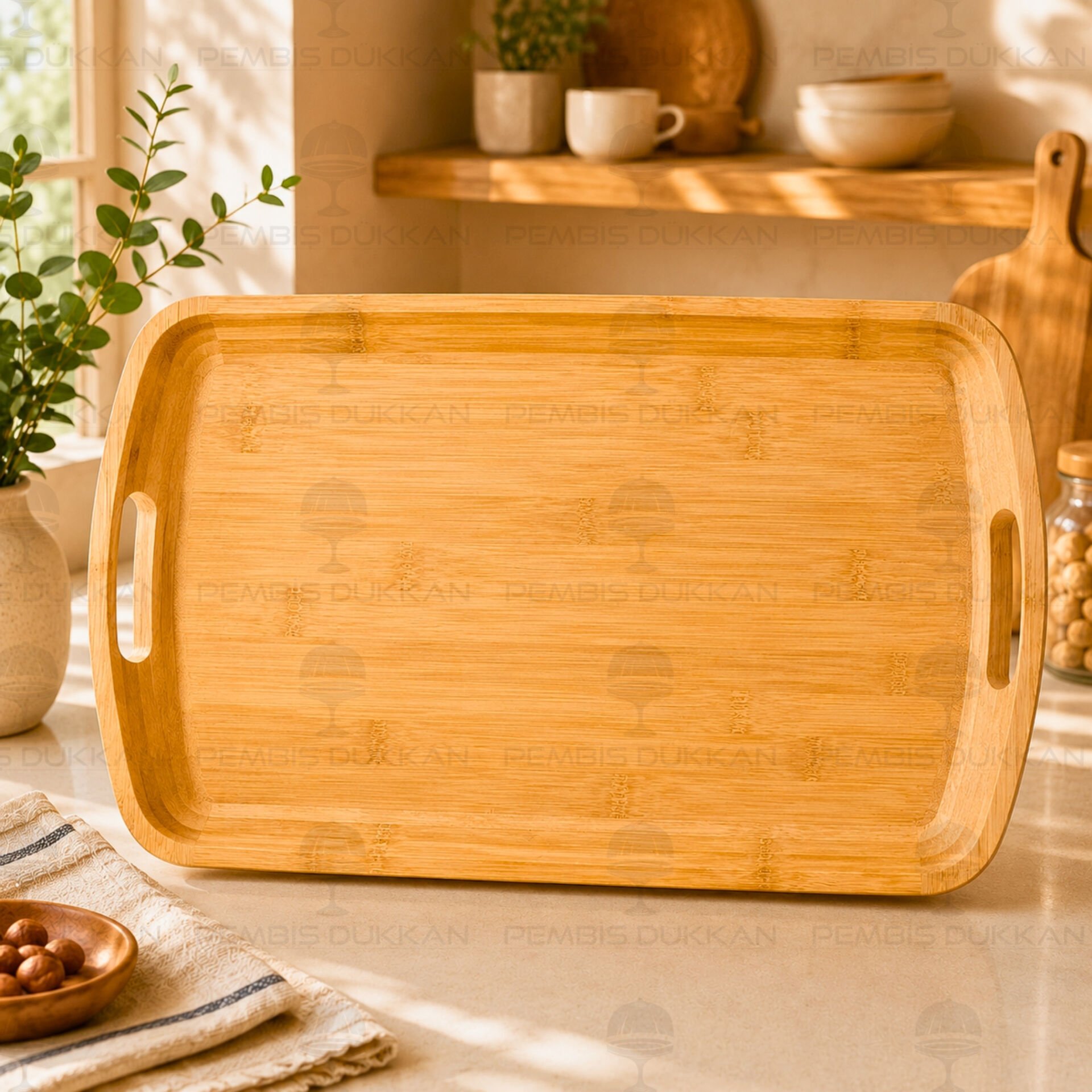 BAMBU DİKDÖRTGEN KULPLU TEPSİ BÜYÜK (7B281)