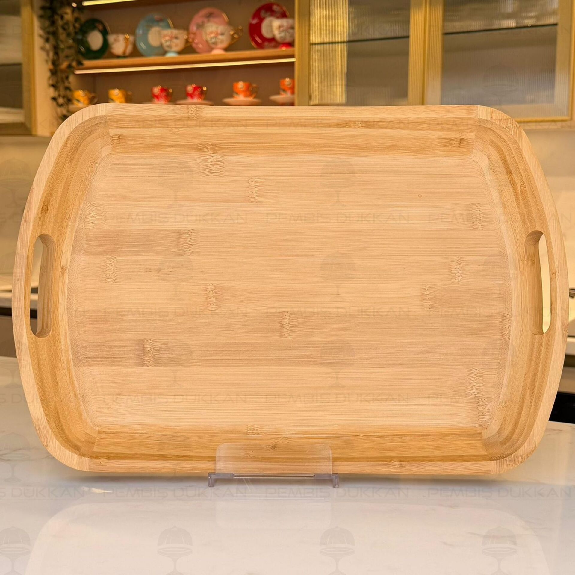 BAMBU DİKDÖRTGEN KULPLU TEPSİ BÜYÜK (7B281)