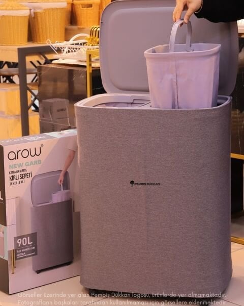 2 BÖLMELİ NEW GARB, BÜYÜK 90 LT PREMİUM ÇAMAŞIR SEPETİ