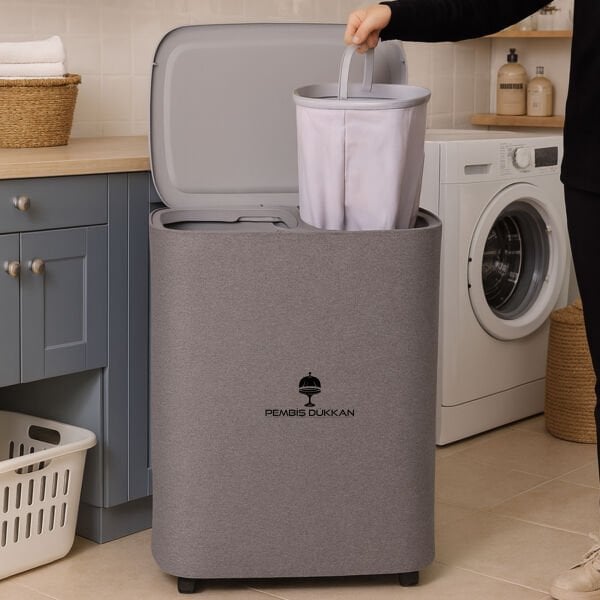 2 BÖLMELİ NEW GARB, BÜYÜK 90 LT PREMİUM ÇAMAŞIR SEPETİ