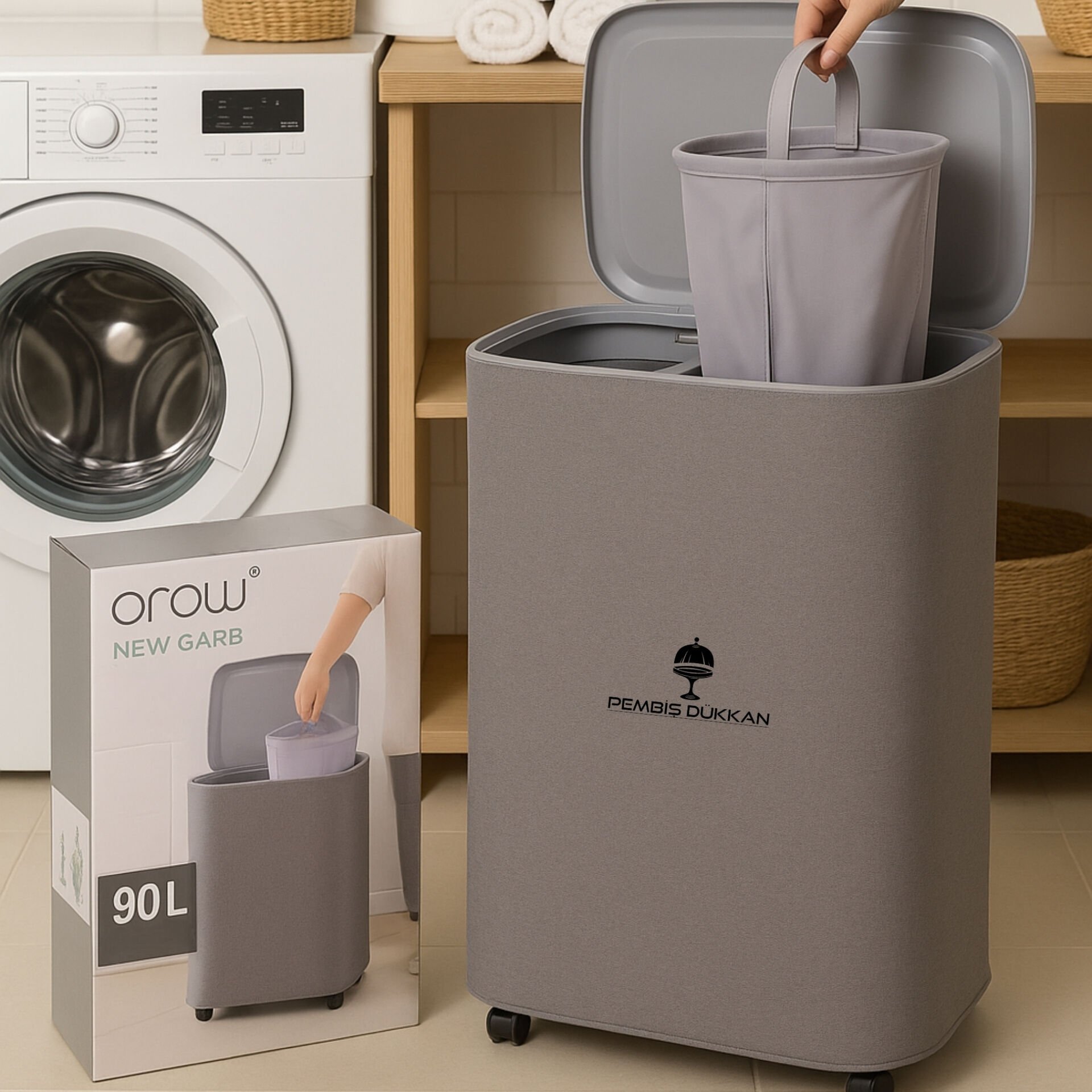 2 BÖLMELİ NEW GARB, BÜYÜK 90 LT PREMİUM ÇAMAŞIR SEPETİ
