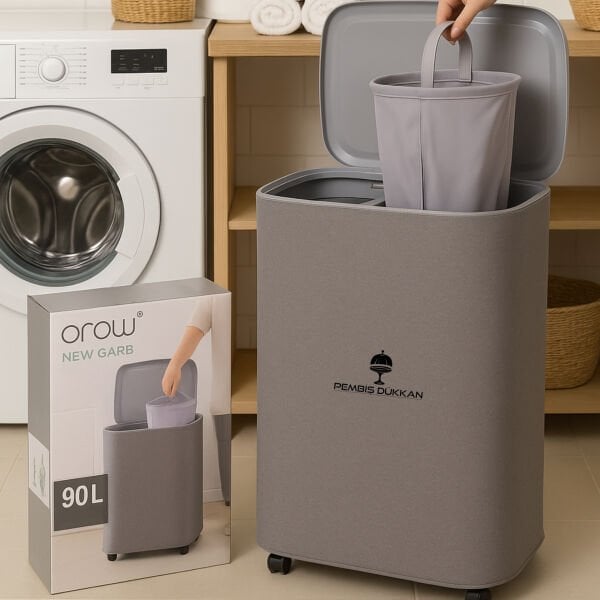2 BÖLMELİ NEW GARB, BÜYÜK 90 LT PREMİUM ÇAMAŞIR SEPETİ
