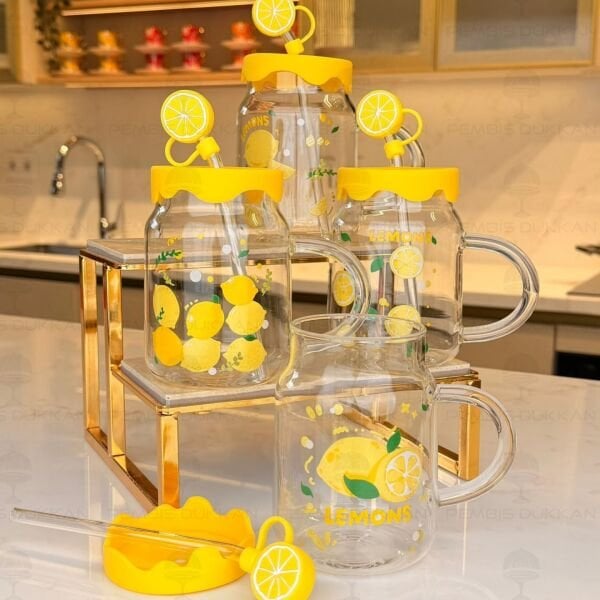 1 Adet Limon Desenli Silikon Kapaklı Cam Pipetli Kupa