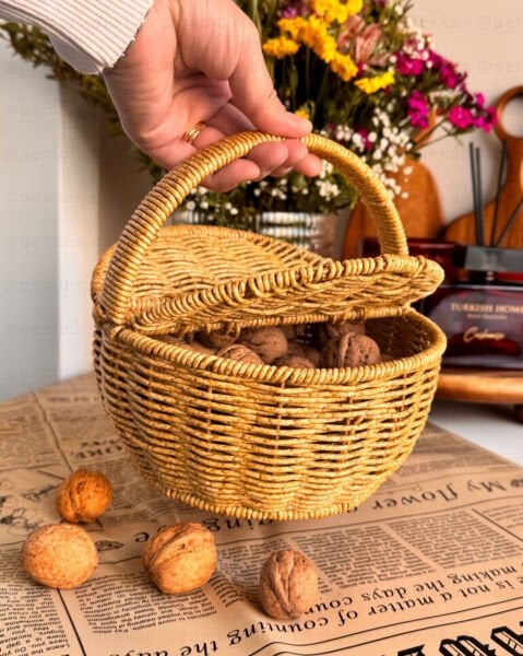 1 ADET RATTAN YUVARLAK YUMURTA & FINDIK & CEVİZ SEPETİ