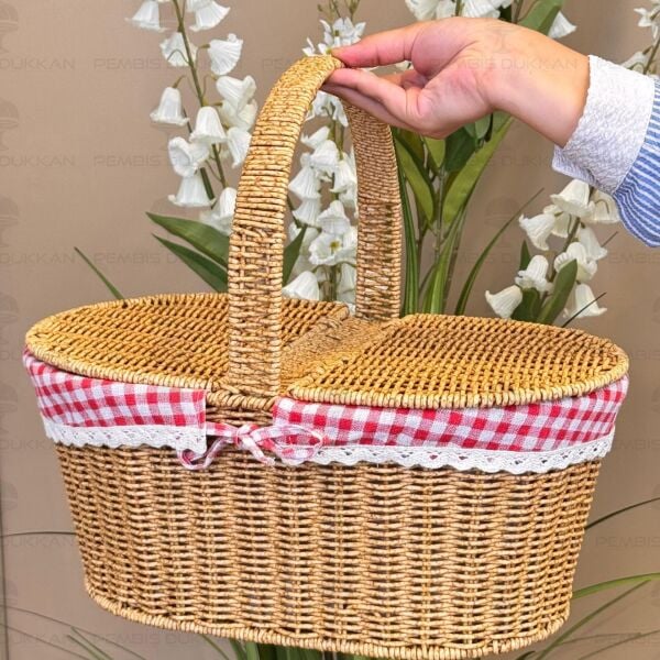 Oval Rattan Bezli Kapaklı Piknik Sepeti