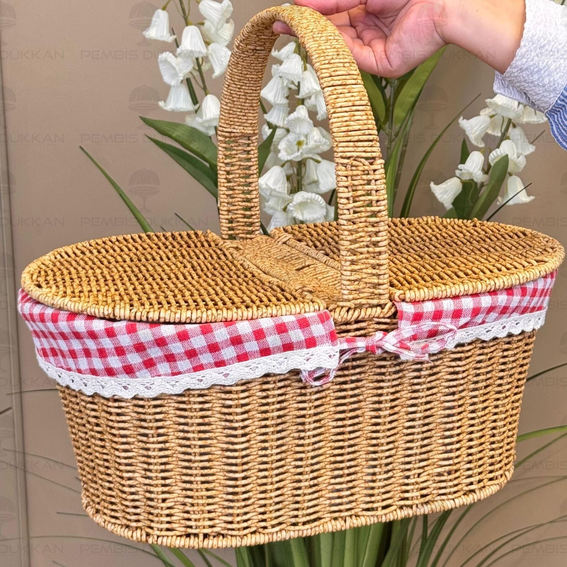 Oval Rattan Bezli Kapaklı Piknik Sepeti