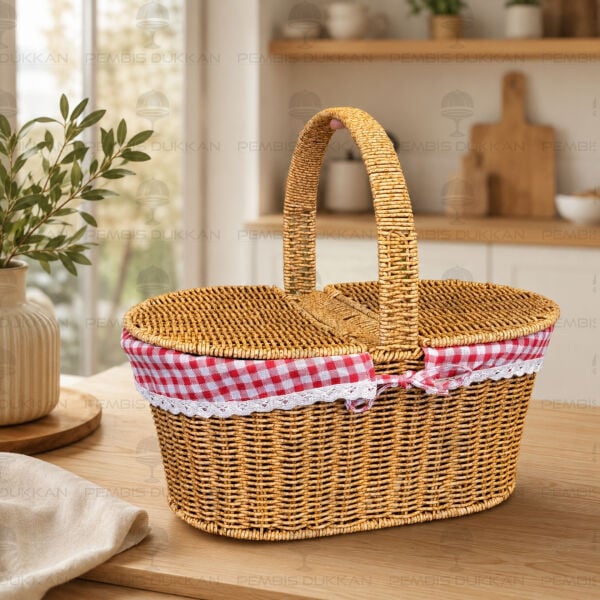 Oval Rattan Bezli Kapaklı Piknik Sepeti