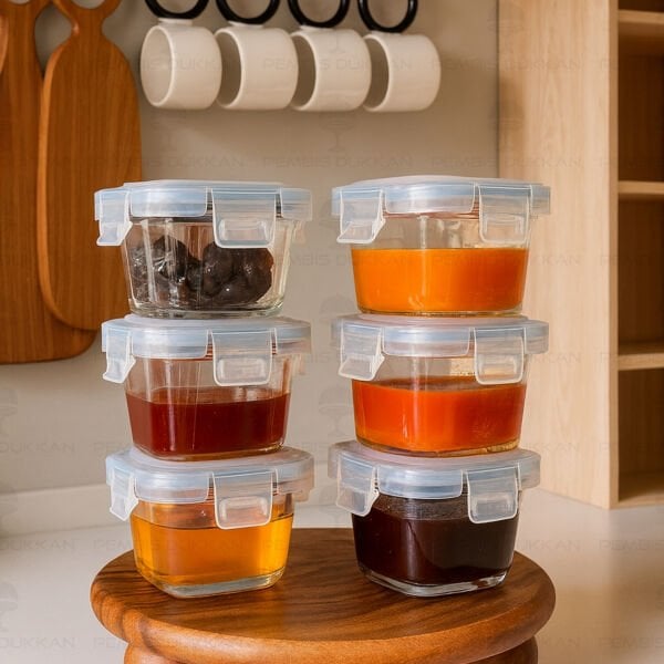 1 ADET 200 ML KARE VAKUMLU KİLİTLİ, KÜÇÜK CAM KAHVALTILIK, REÇELLİK (84200)