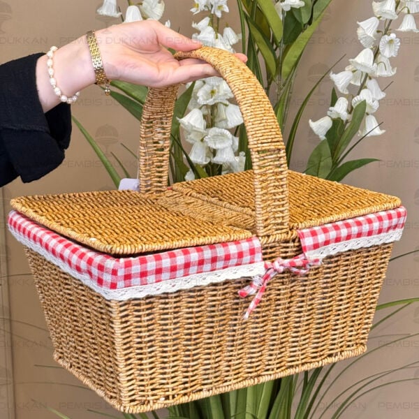 Dikdörtgen Rattan Bezli Kapaklı Piknik Sepeti