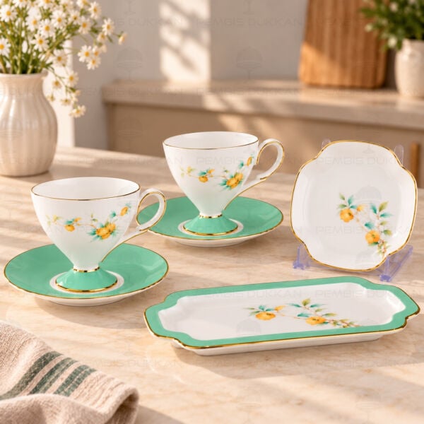 Yeşil Royal Charme-Veronıca 2 Kişilik Sunumluklu Kahve Fincan Takımı (Roy-0094)