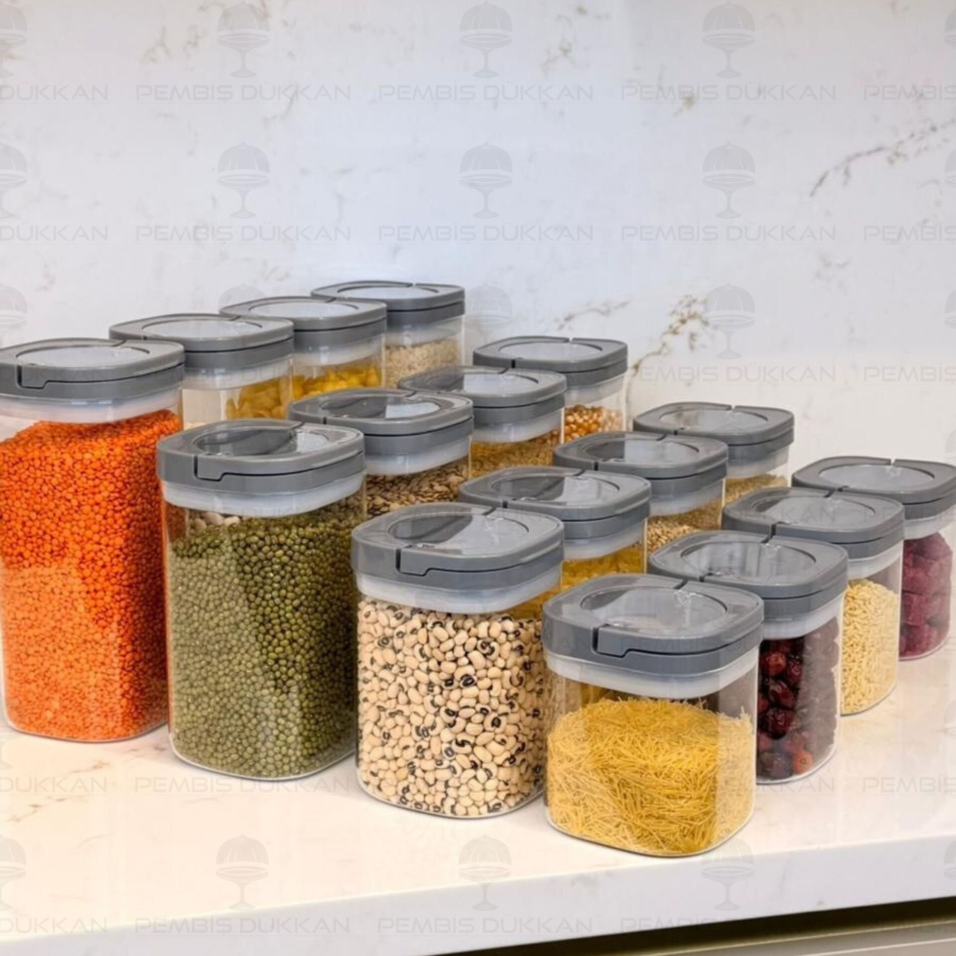 16LI GRİ KARE TESORA, ERZAK KAVANOZ SETİ (600ML-900ML-1200ML-1500ML)