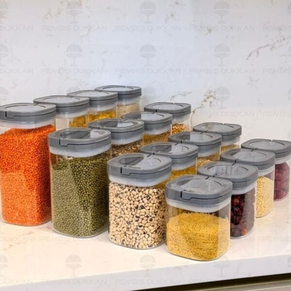 16LI GRİ KARE  TESORA, ERZAK KAVANOZ SETİ (600ML-900ML-1200ML-1500ML)