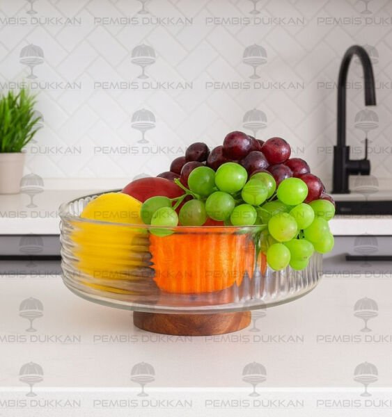 AKASYA & CAM YATAY ÇİZGİLİ STANDLI KASE (240025)