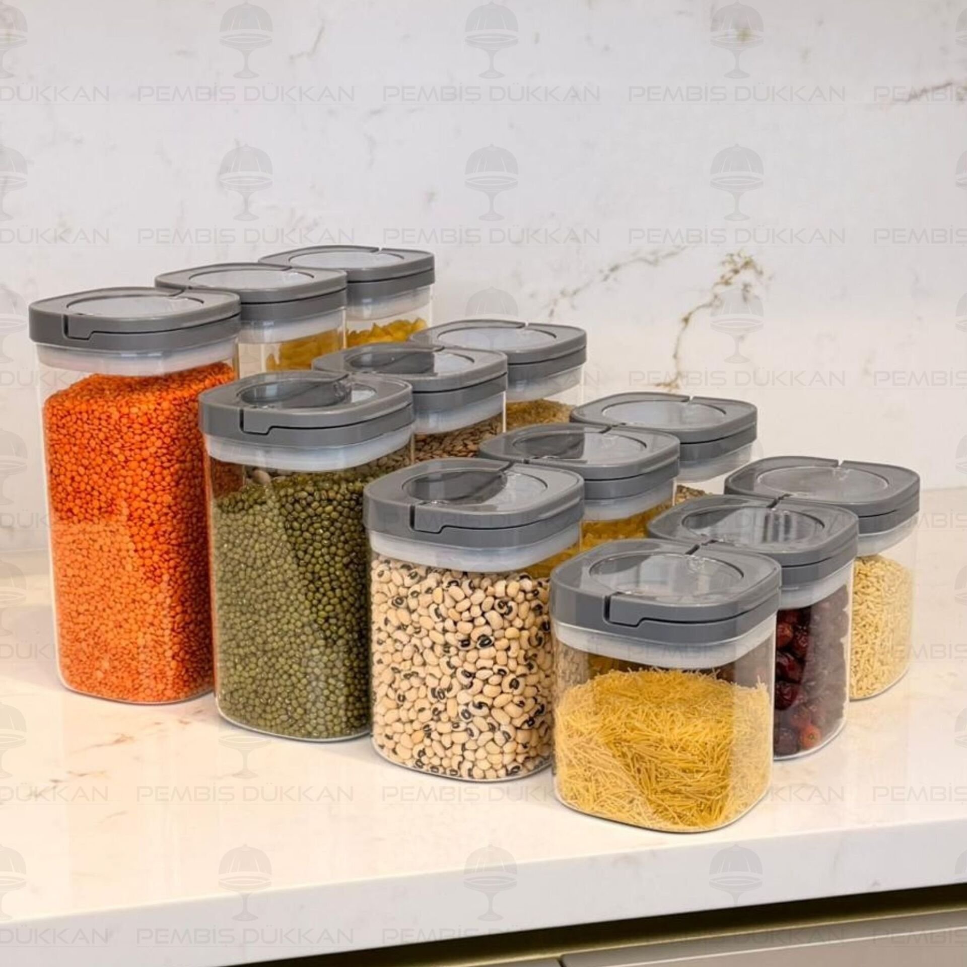 12Lİ GRİ KARE TESORA, ERZAK KAVANOZ SETİ (600ML-900ML-1200ML-1500ML)