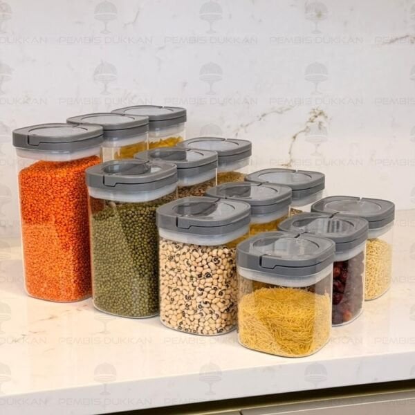 12Lİ GRİ KARE TESORA, ERZAK KAVANOZ SETİ (600ML-900ML-1200ML-1500ML)