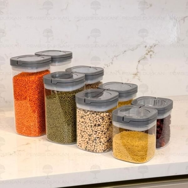 8Lİ GRİ KARE TESORA, ERZAK KAVANOZ SETİ (600ML-900ML-1200ML-1500ML)