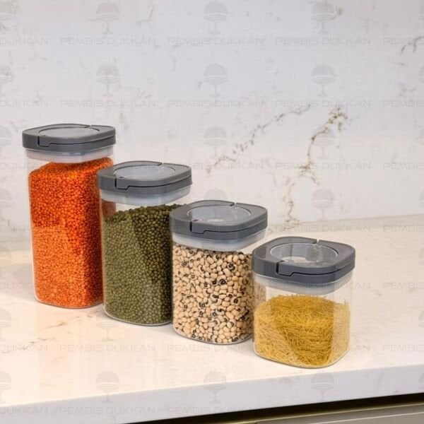4 GRİ KARE TESORA, ERZAK KAVANOZ SETİ (600ML-900ML-1200ML-1500ML)