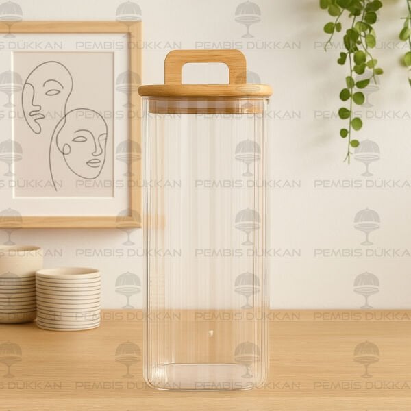 KARE MİLLA 1850ML BAMBU KAPAKLI, ÇİZGİLİ KAVANOZ (BOR 096)