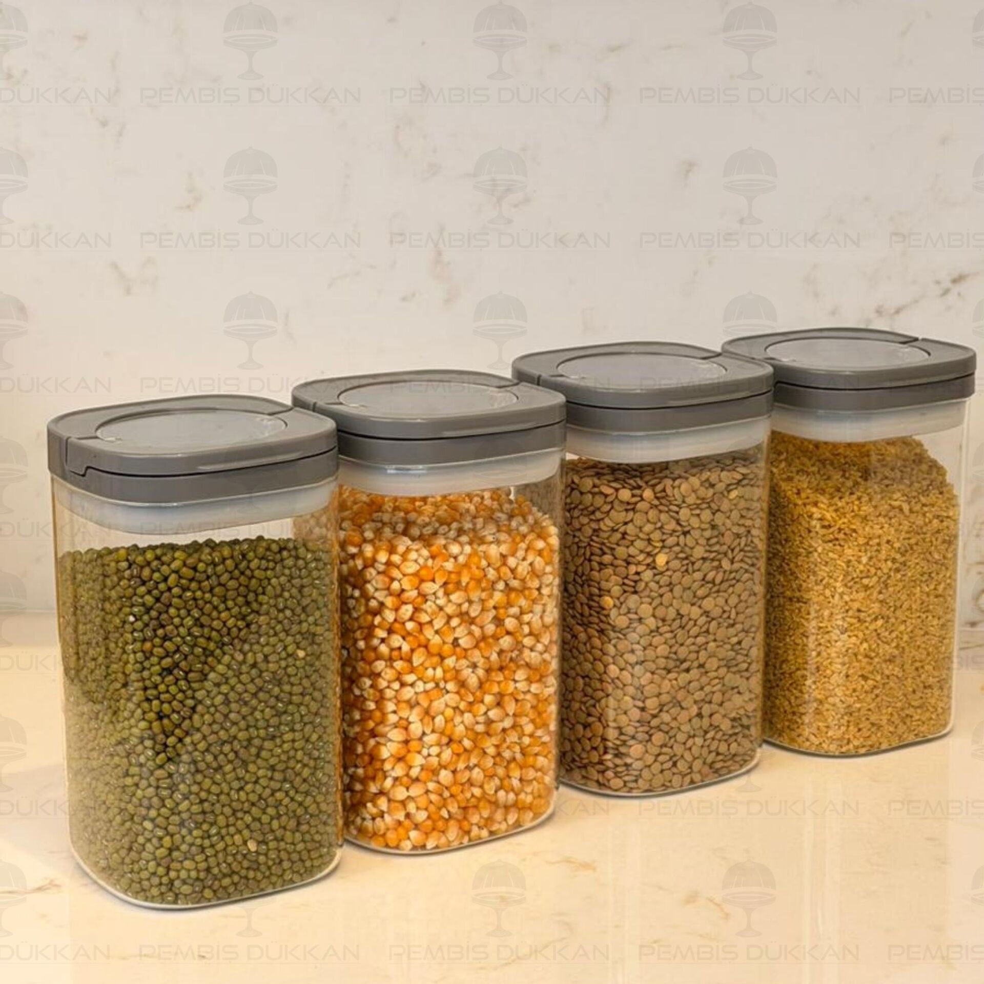 4 GRİ KARE TESORA, 1200ML ERZAK KAVANOZ SETİ